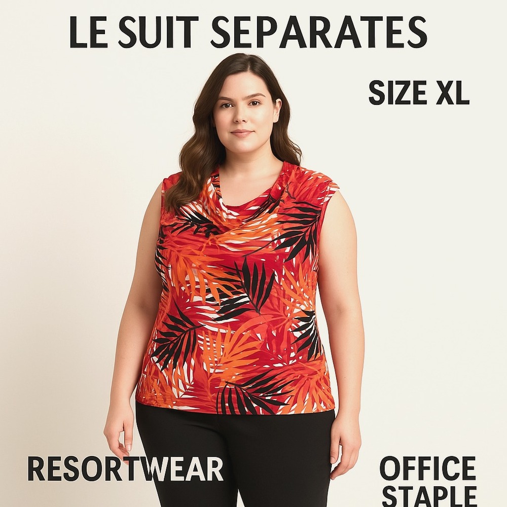 Le Suit Separates Woman's Top Sz XL Cowl Neck Tropical‎ Sleeveless Career Office